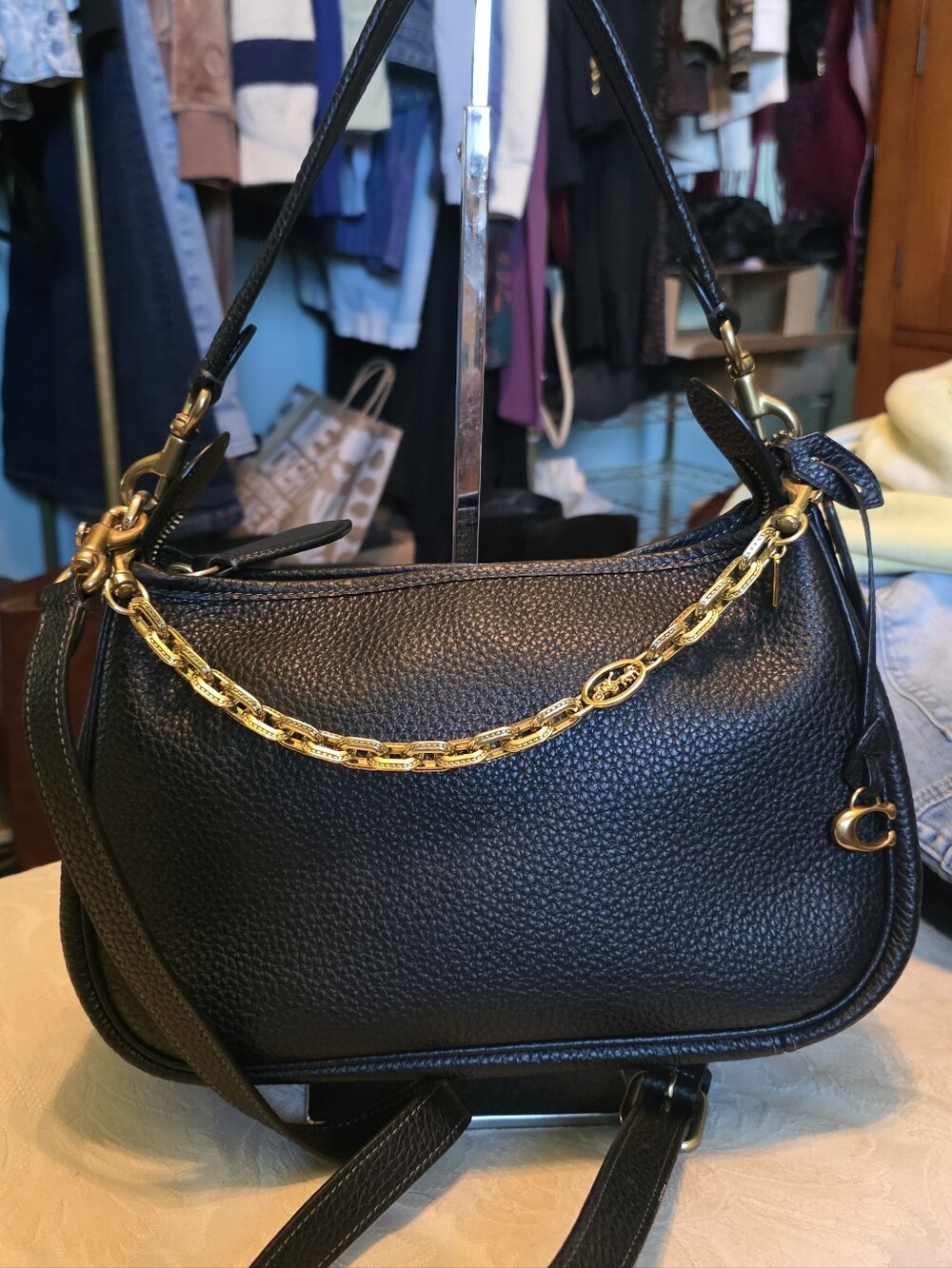 COACH CARY Black Pebbled Leather Shoulder Bag